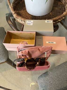 Miu Miu Tortoiseshell Sunglasses with Pink Velvet Case and Box